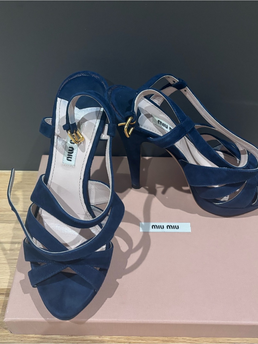 Miu Miu Deep Blue Suede Strappy High Heel Sandals